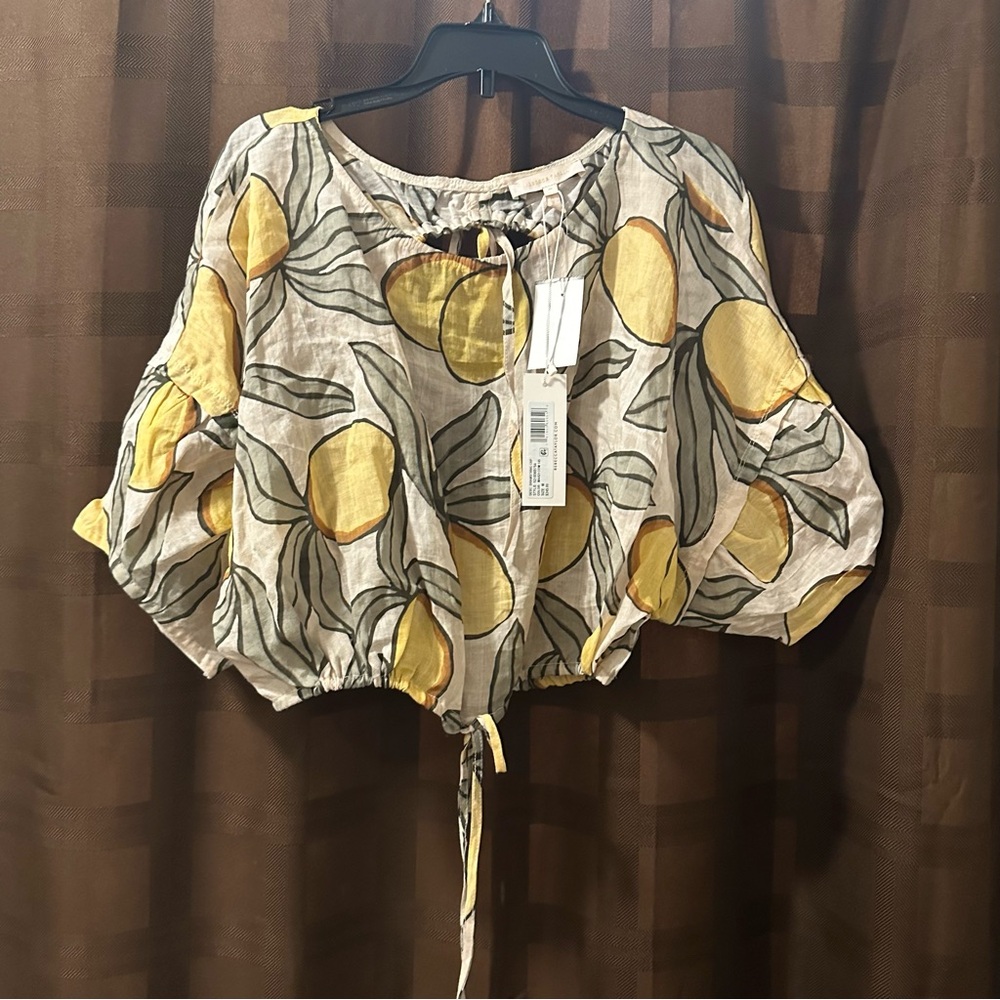NWT Rebecca Taylor | Lemon-Print Drawstring Crop Blouse‎ 🍋 reg $245 size M - Picture 7 of 11